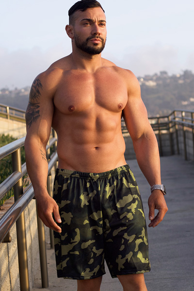 Tan Though Green Camo swim trunks